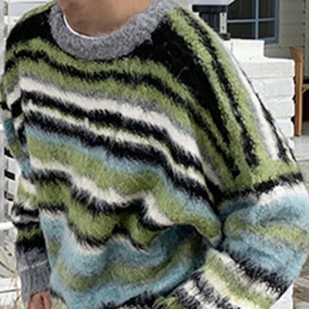 Men's Fuzzy Contrast Color Striped Knit Sweater US Sz M - 23" Wide / Green NWOT